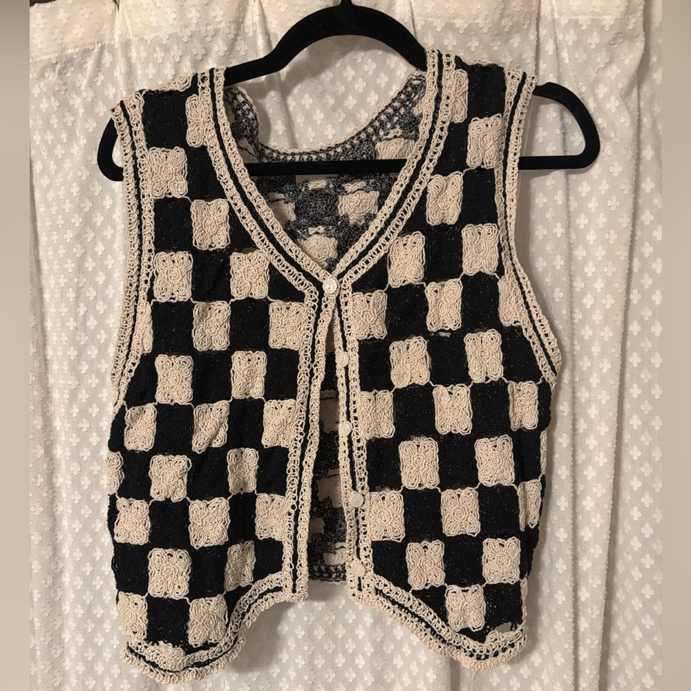 Black & white crochet vest